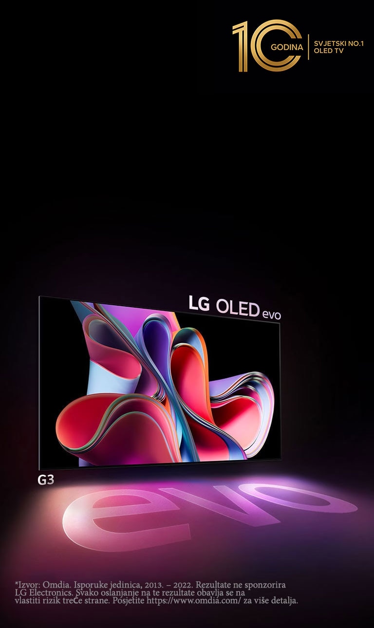 Slika televizora LG OLED G3 na crnoj pozadini s prikazom ružičaste i ljubičaste apstraktne umjetnine. Zaslon baca šarenu sjenu s riječi „evo”. Znak „10 godina svjetski br. 1 OLED TV nalazi se u gornjem lijevom kutu slike. 
