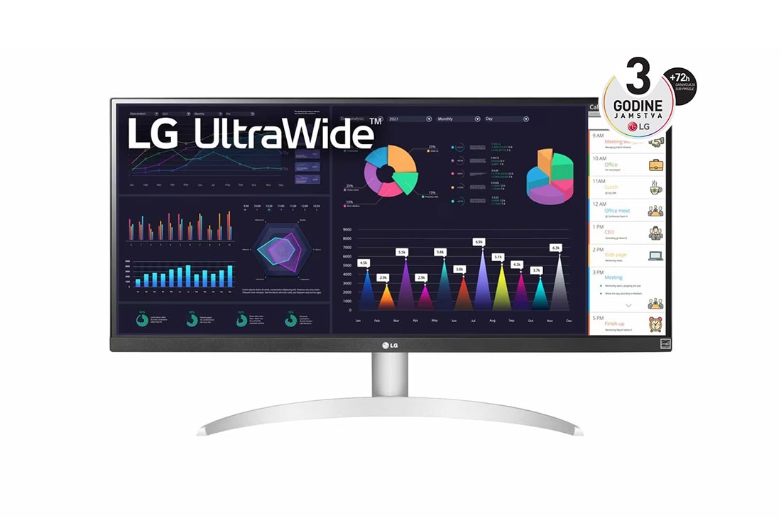 LG 29” UltraWide™ omjer slike 21:9, IPS monitor s brzinom osvježavanja od 100 Hz, prikaz prednje strane, 29WQ600-W