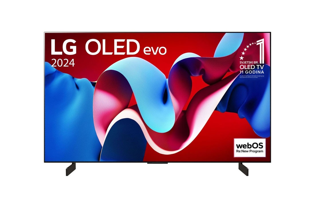 LG OLED evo C4 4K Smart TV od 42 inča 2024, Prikaz prednje strane LG OLED evo TV, OLED C4, na zaslonu se prikazuje amblem „11 godina najbolji OLED TV na svijetu”, a ispod se prikazuje Soundbar, OLED42C42LA