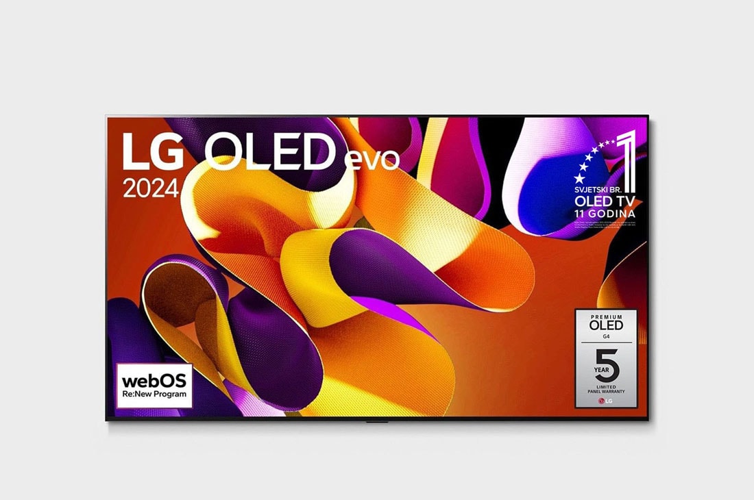 LG OLED evo G4 4K Smart TV od 97 inča 2024, Prikaz prednje strane LG OLED evo TV, OLED G4 na zaslonu se prikazuje amblem logotipa „11 godina najbolji OLED TV na svijetu” te logotip 5-godišnje jamstvo za panel, OLED97G42LW