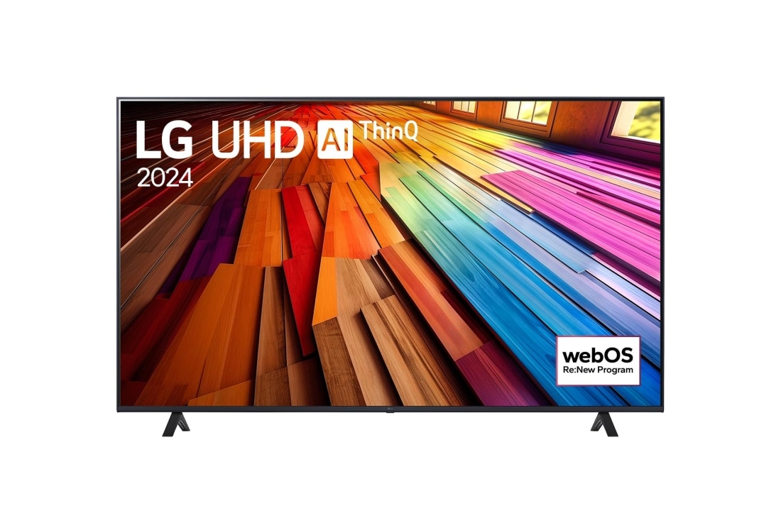 LG UHD UT80 4K Smart TV od 75 inča 2024, Pogled s prednje strane na LG UHD TV, UT80 s tekstom LG UHD AI ThinQ i 2024 na zaslonu, 75UT80003LA