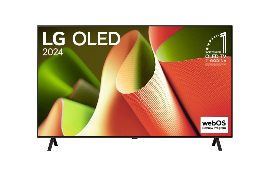 LG OLED B4 4K Smart TV od 55 inča 2024, Prikaz prednje strane LG OLED TV, OLED B4 na zaslonu se prikazuje amblem „11 godina najbolji OLED TV na svijetu” sa stalkom koji ima dvije nožice, OLED55B42LA