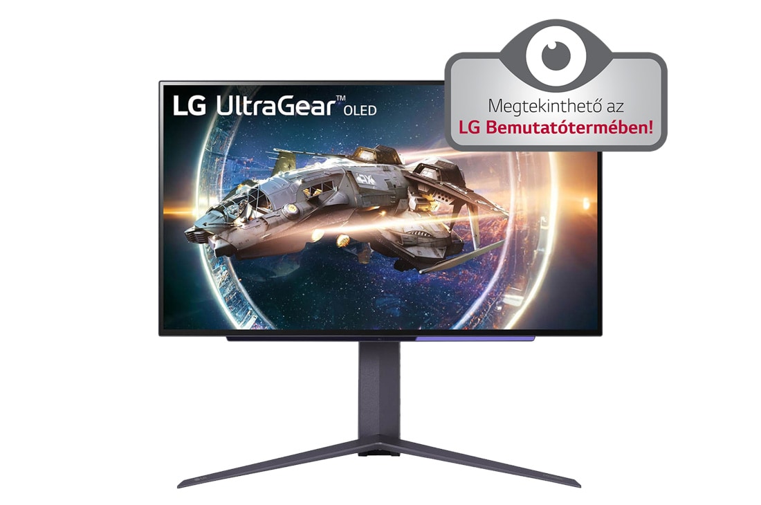 LG 27'' UltraGear™ OLED QHD Gaming Monitor, 240Hz-es képfrissítéssel és 0.03ms-os (GtG) válaszidővel, elölnézet, 27GR95QE-B