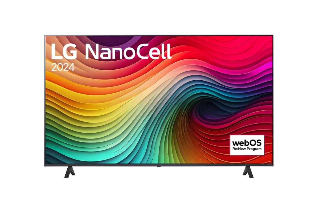 LG 65 colos LG NanoCell NANO81 4K Smart TV 2024, LG NanoCell TV, NANO81 elölnézete az LG NanoCell, 2024 szöveggel és a webOS Re:New Program logóval a képernyőn, 65NANO81T3A