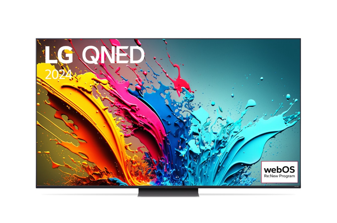 LG 75 colos LG QNED86 4K Smart TV 2024, LG QNED TV, QNED86 elölnézete az LG QNED, 2024 szöveggel és a webOS Re:New Program logóval a képernyőn, 75QNED86T3A