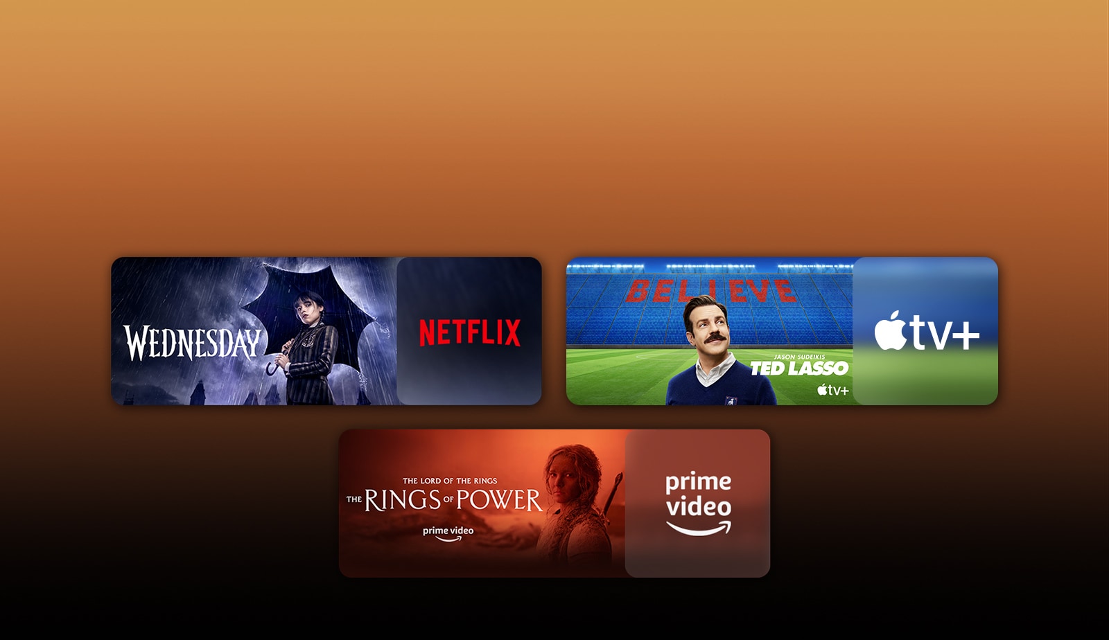 لوگوهای پلتفرم‌های سرویس پخش آنلاین و تصاویر فیلم‌های مربوط به آنها درست در کنار هر لوگو درج شده‌اند. تصاویری از چهارشنبه از Netflix، تد لاسو از Apple TV و حلقه‌های قدرت از PRIME VIDEO قابل مشاهده است.
