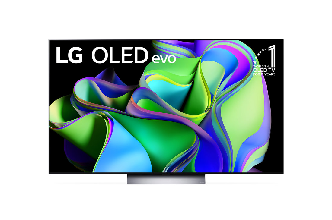 LG ال‌جی،LG OLED C3 evo ، تلویزیون 77 اینچ سری C3،کیفیت 4k، تکنولوژی هوشمند AI ThinQ و WebOS، کنترل جادویی، زبان طراحی 4side cinema، توانایی نمایش محتوایDolby Vision و HLG، تکنولوژی AI Picture Pro وAI Sound Pro (9.1.2ch) و Dolby Atmos، تکنولوژیVRRو G-sync برای اتصال به کنسول بازی، پایه وسط، جدید 2023 , نمای جلو با LG OLED evo و نشان OLED شماره 1. 10 ساله جهان روی صفحه نمایش, OLED77C36LA