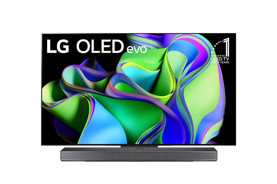 LG ال‌جی،LG OLED C3 evo ، تلویزیون 55 اینچ سری C3، کیفیت 4k، تکنولوژی هوشمند AI ThinQ و WebOS، کنترل جادویی، زبان طراحی 4side cinema، توانایی نمایش محتوایDolby Vision و HLG، تکنولوژی AI Picture Pro وAI Sound Pro (9.1.2ch) و Dolby Atmos، تکنولوژیVRRو G-sync برای اتصال به کنسول بازی، پایه وسط،جدید 2023 , نمای جلو با LG OLED evo و نشان OLED شماره 10.1 ساله جهان روی صفحه نمایش و همچنین ساندبار زیر, OLED55C36LA