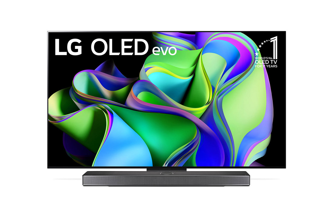 LG ال‌جی،LG OLED C3 evo ، تلویزیون 65 اینچ سری C3،کیفیت 4k، تکنولوژی هوشمند AI ThinQ و WebOS، کنترل جادویی، زبان طراحی 4side cinema، توانایی نمایش محتوایDolby Vision و HLG، تکنولوژی AI Picture Pro وAI Sound Pro (9.1.2ch) و Dolby Atmos، تکنولوژیVRRو G-sync برای اتصال به کنسول بازی، پایه وسط، جدید 2023 , نمای جلو با LG OLED evo و نشان OLED شماره 10.1 ساله جهان روی صفحه نمایش و همچنین ساندبار زیر, OLED65C36LA
