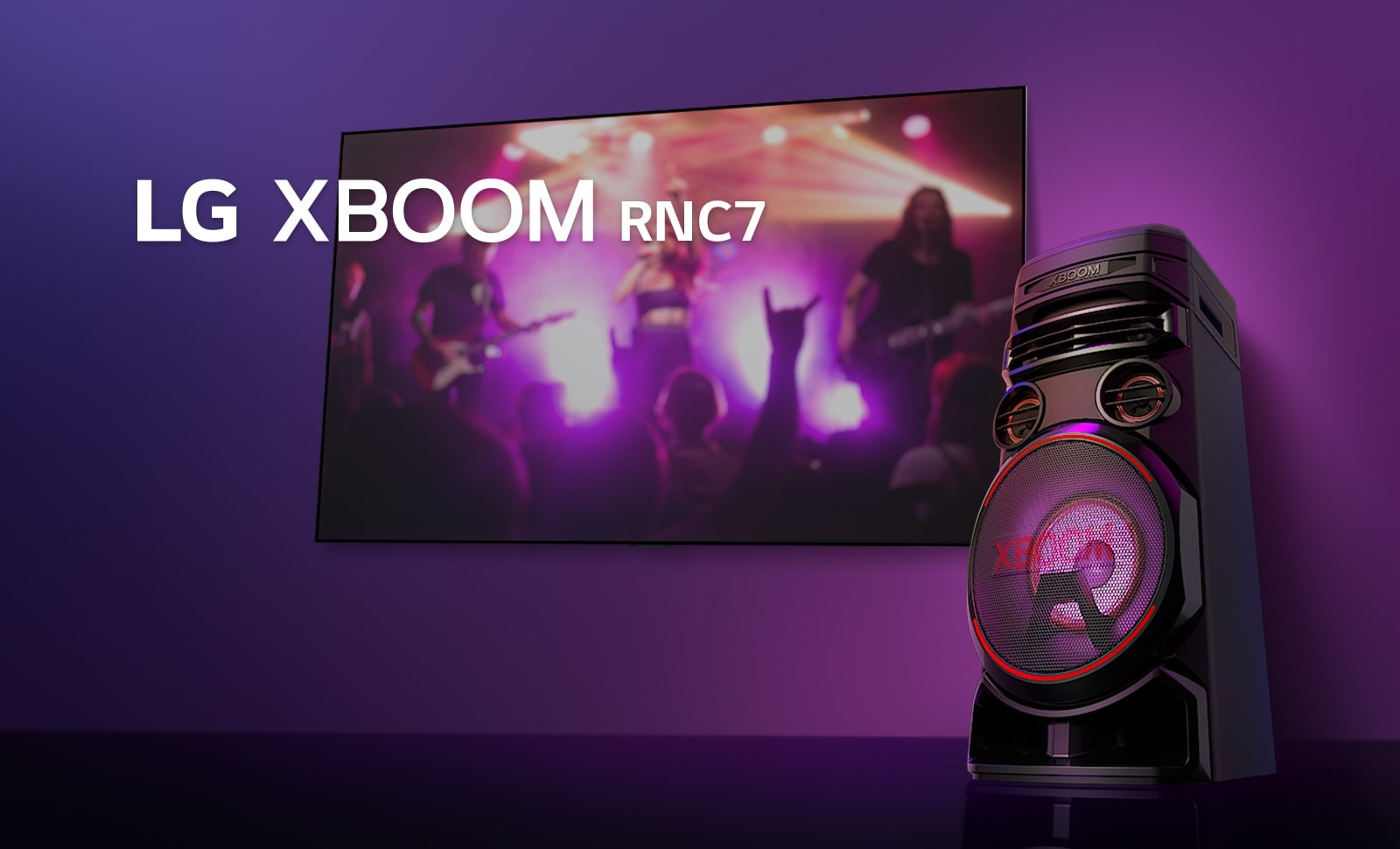 A low angle view of the right side of LG XBOOM rnc7 against a purple background.  The XBOOM light are also purple. And a TV screen displays a concert scene.