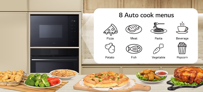 8 food icons which can be cooked with auto cook function of microwave oven.