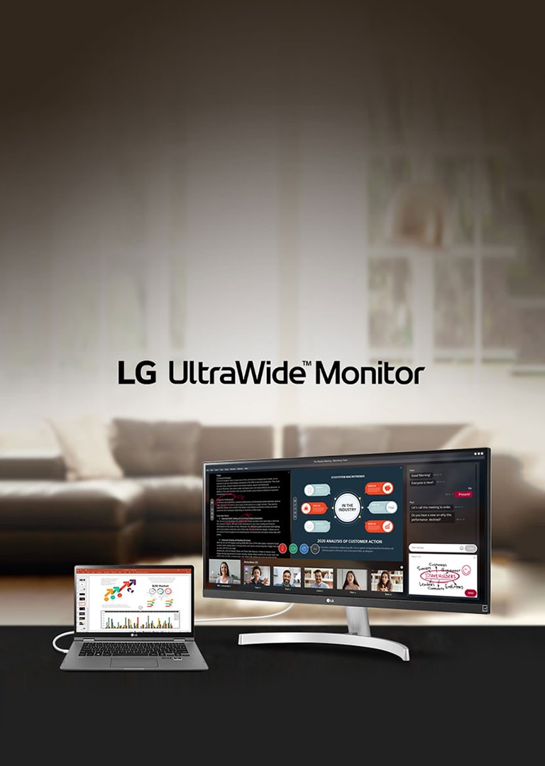 The image shows the LG UltraWide™ Monitor product with the wide screen splitted to 4 parts for an ongoing Webinar, consisting of a text document to discuss, a PowerPoint slide, 5 videos of each of 5 participants, and the chatting screen with an diagram drawing image to send.