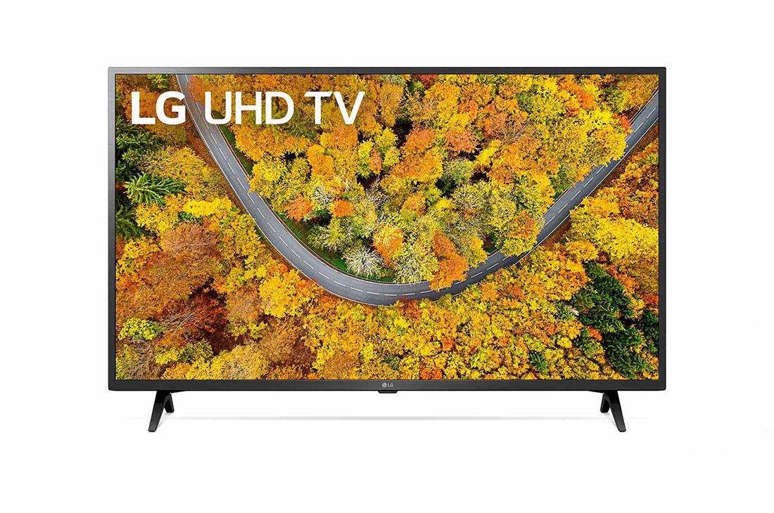 LG UP7550 43'' UHD 4K TV, A front view of the LG UHD TV with infill image and product logo on, 43UP7550PTC