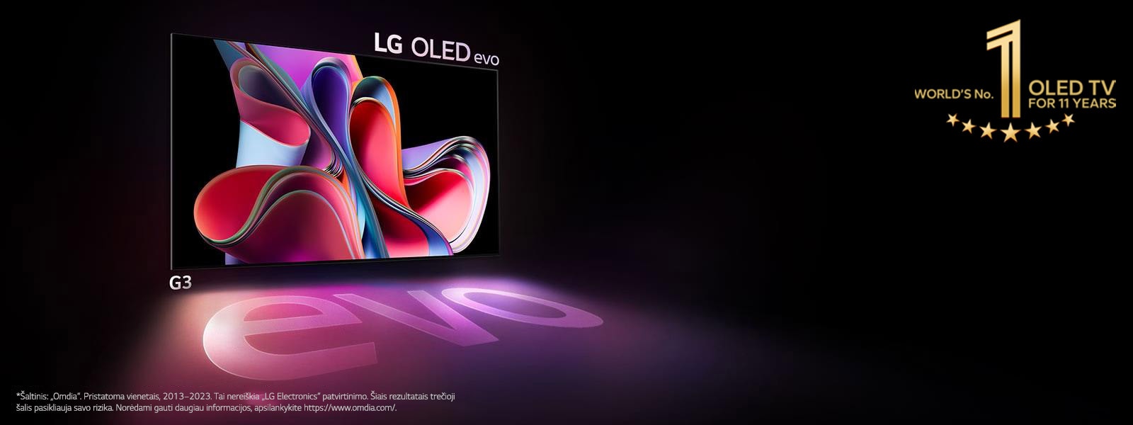 „LG OLED G3“ vaizdas juodame fone – ryškus rausvas ir violetinis abstraktus meno kūrinys. Ekranas meta spalvotą šešėlį, kuriame pavaizduotas žodis „evo“. Paveikslėlio viršutiniame kairiajame kampe yra emblema „10 metų OLED televizorius Nr. 1 pasaulyje“. 