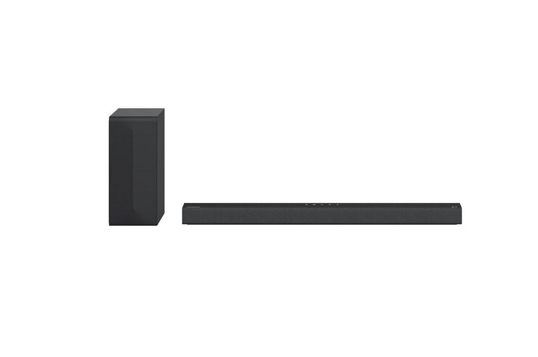 LG S65Q 420W 3.1ch High Res Audio soundbar with DTS Virtual:X, front view with rear speaker, S65Q