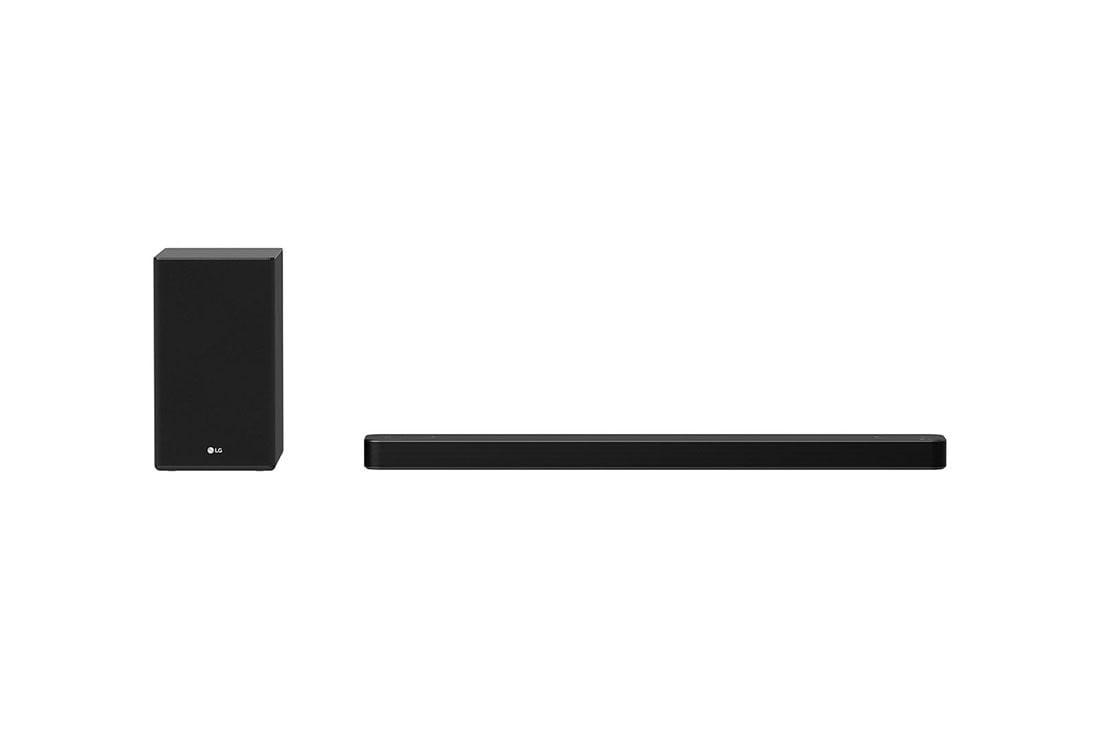 LG SP8A 440W 3.1.2ch High Res Audio Sound Bar with Dolby Atmos & DTS Virtual:X, front view with sub woofer, SP8A