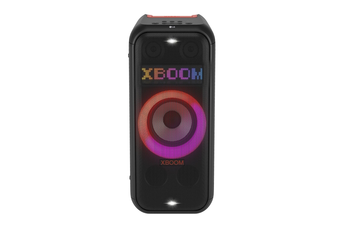 LG XBOOM XL7S Speaker, Front view with all lighting on. On the Dynamic Pixel Lighting panel, it shows the text; XBOOM., XL7S