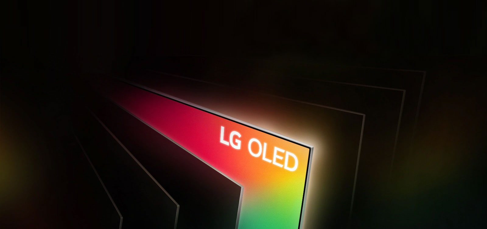 An angled bird's eye view of a row of televisions spanned out like the pages of a book. All the televisions are black, except one filled with bright colors and the words "LG OLED.