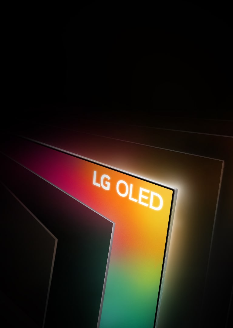 An angled bird's eye view of a row of televisions spanned out like the pages of a book. All the televisions are black, except one filled with bright colors and the words "LG OLED.