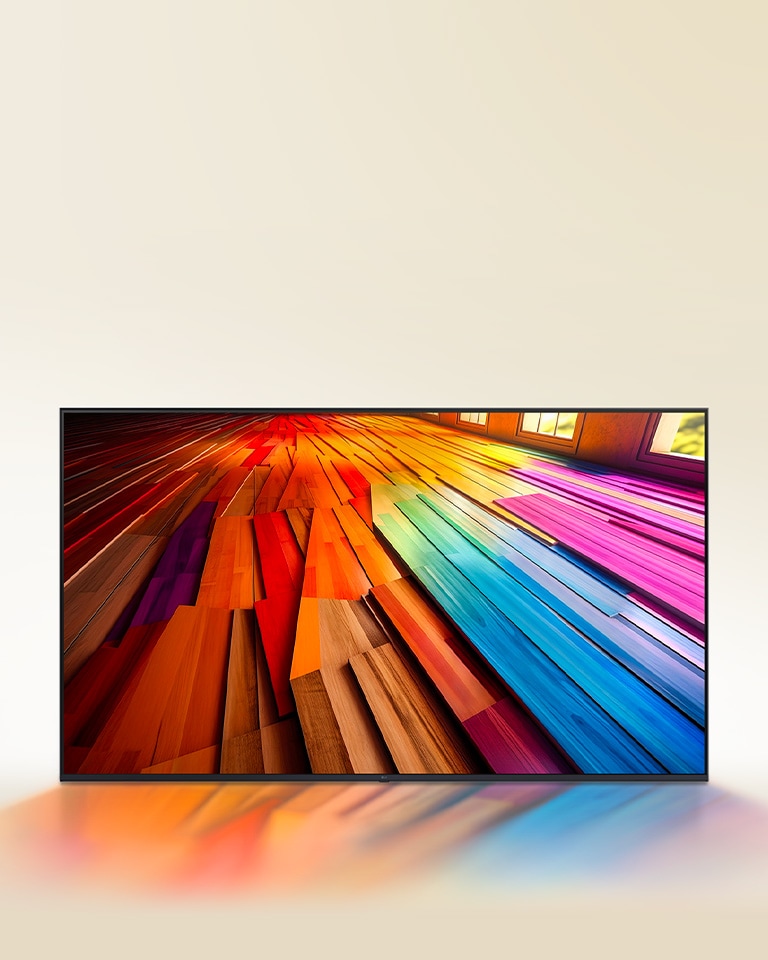 Et fargesprakende, langt tregulv vises på en LG UHD-TV.