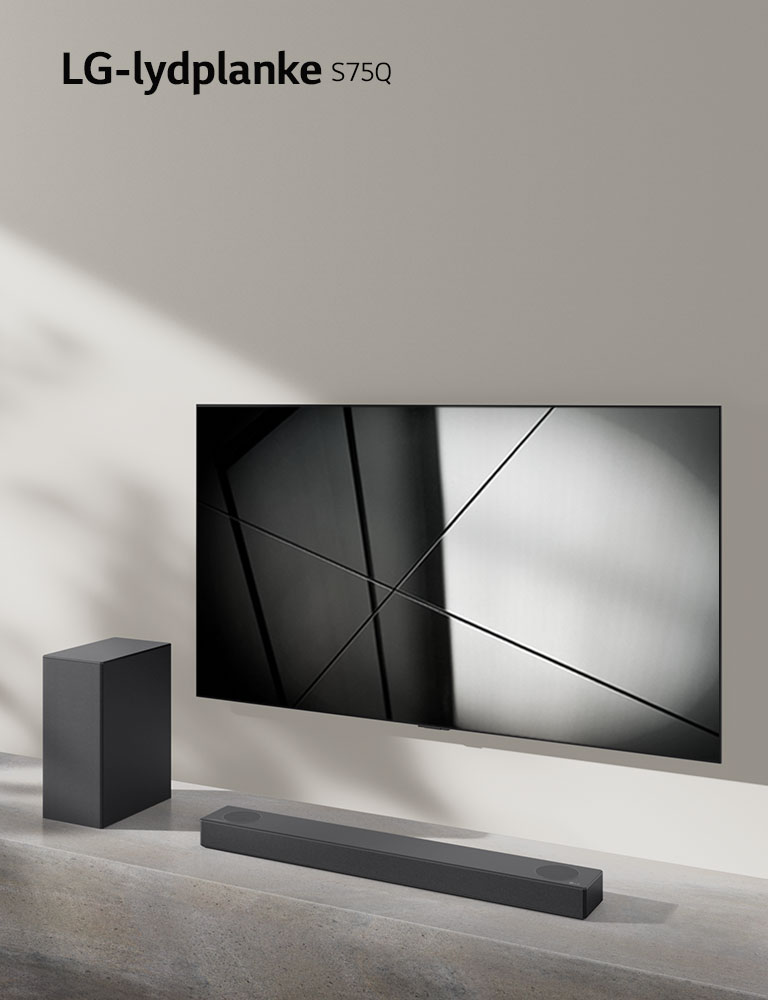 LG-lydplanke S65Q og LG-TV plassert sammen i en stue. TV-en er på og viser et svart-hvitt-bilde.