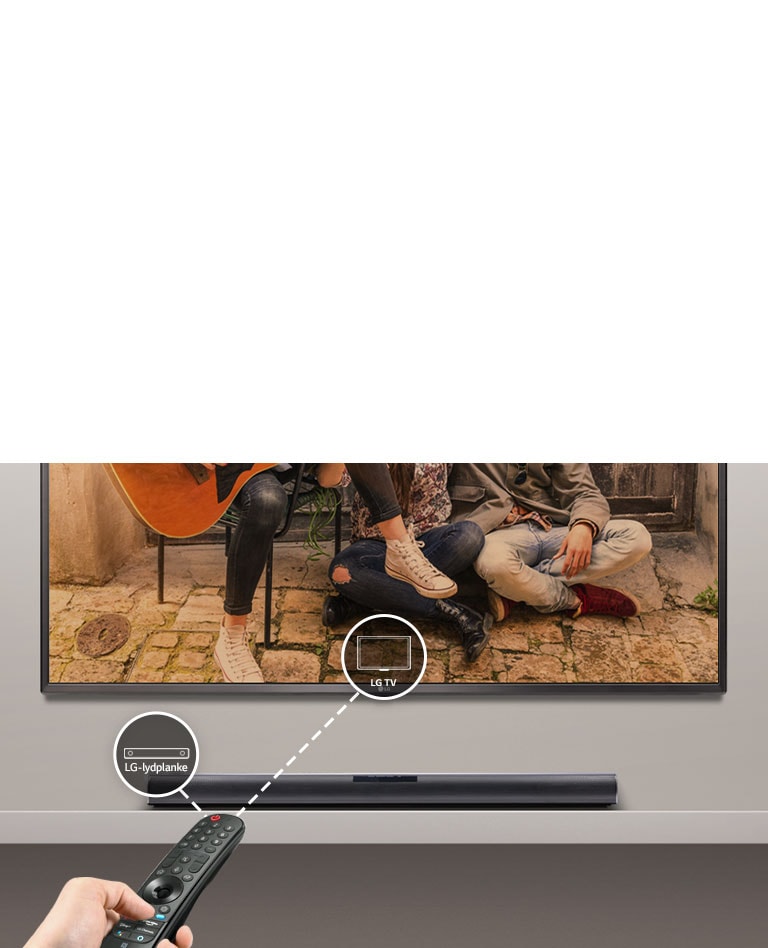 En LG-fjernkontroll i noens hånd, som kontrollerer TV-en og lydplanken samtidig. Ikoner av LG-TV og LG-lydplanke.