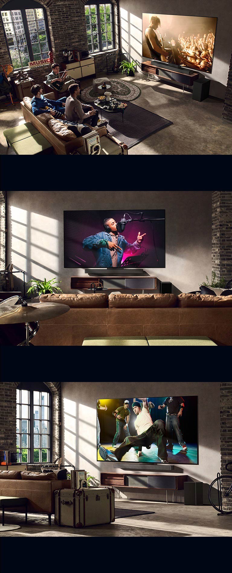Det vises tre livsstilsbilder. Fra øverst til nederst: tre menn ser på en konsertvideo i stua. Det er en LG TV på veggen som viser en musikkinnspillingsscene, og LG TV-en på veggen viser en breakdance-scene i diagonal visning.