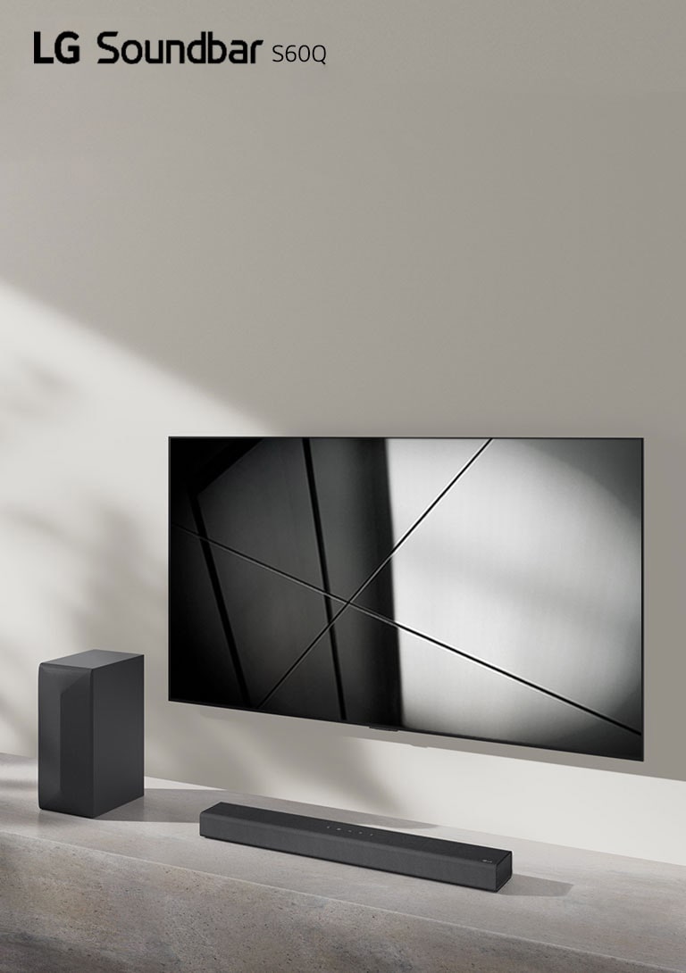 LG Sound Bar S40Q og LG-TV plassert sammen i en stue. TV-en er på, og viser et geometrisk bilde.