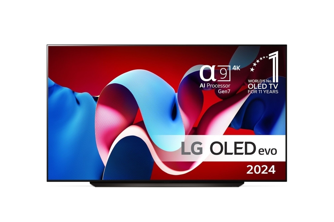 LG 83'' OLED evo C4 - 4K TV (2024), Sett forfra med LG OLED evo TV, OLED C4, 11 Years of world number 1 OLED-emblem og alpha 9 4K AI-prosessor Gen7-logo., OLED83C44LA
