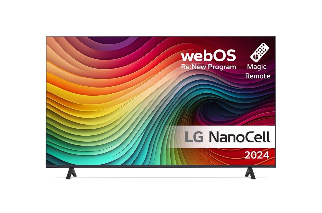 LG 43'' NANO 81 - NanoCell 4K Smart TV (2024), LG NanoCell TV, NANO81 sett forfra med tekst fra LG NanoCell, 2024, webOS Re:New Program-logo og Magic Remote på skjermen, 43NANO81T6A