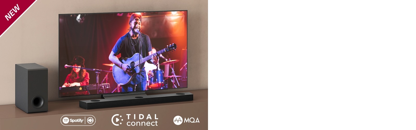 LG TV is placed on the brown shelf, LG Sound Bar S90QY is placed in front of the TV. Subwoofer is placed left side of the TV. TV shows a concerts scene. NEW mark is shown in the top left corner.