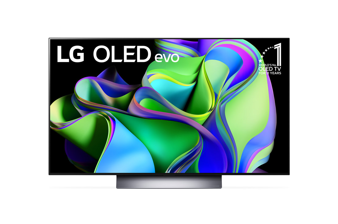 LG C3 48 inch OLED evo TV with Self Lit OLED Pixels, Front view with LG OLED evo and 10 Years World No.1 OLED Emblem on screen., OLED48C36LA