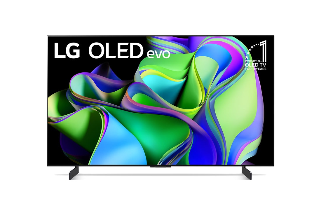 LG C3 42 inch OLED evo TV with Self Lit OLED Pixels, Front view with LG OLED evo and 11 Years World No.1 OLED Emblem on screen., OLED42C34LA