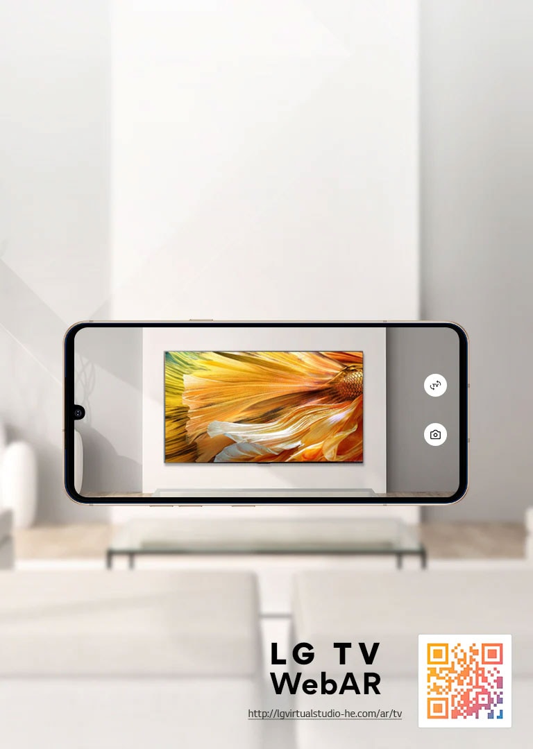 This is a Web AR simulation image of LG OLED TV. Mobile phone images are overlapped on a minimalist space. There is a QR code at the bottom right.