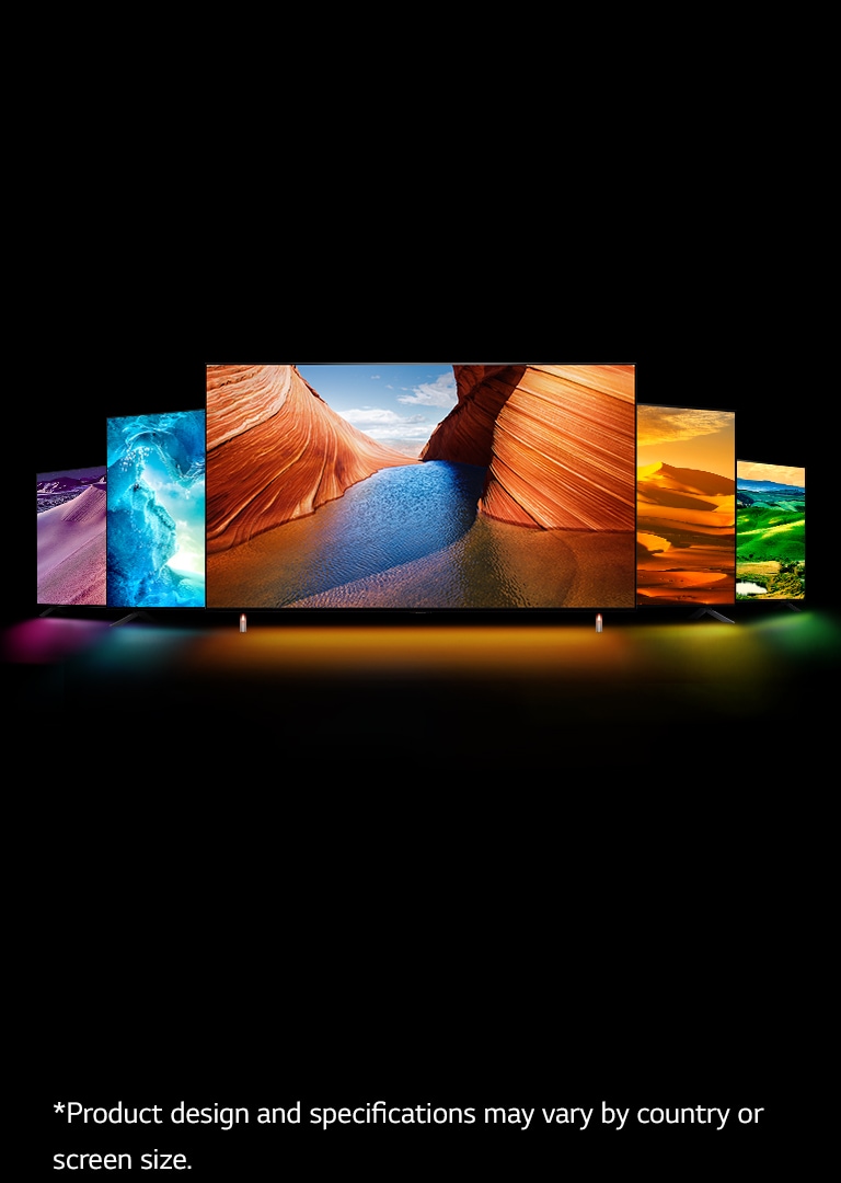 There are five QNED TVs – one in the middle facing forward. Two are placed on the left side and two are placed on the right side. There is purple desert image at night on very left TV, blue icy cave on second left TV, orange-colored cliffs on blowhole facing each other on middle TV, bright yellow desert on right TV, and vast open green field on very right TV. 