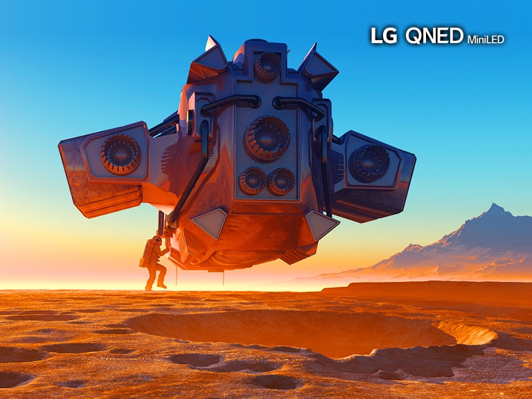 An image of a spaceship floating above a crater on a baren planet. Scrolling left to right shows the difference in color when the image is viewed on a conventional LCD display compared with LG QNED MiniLED.