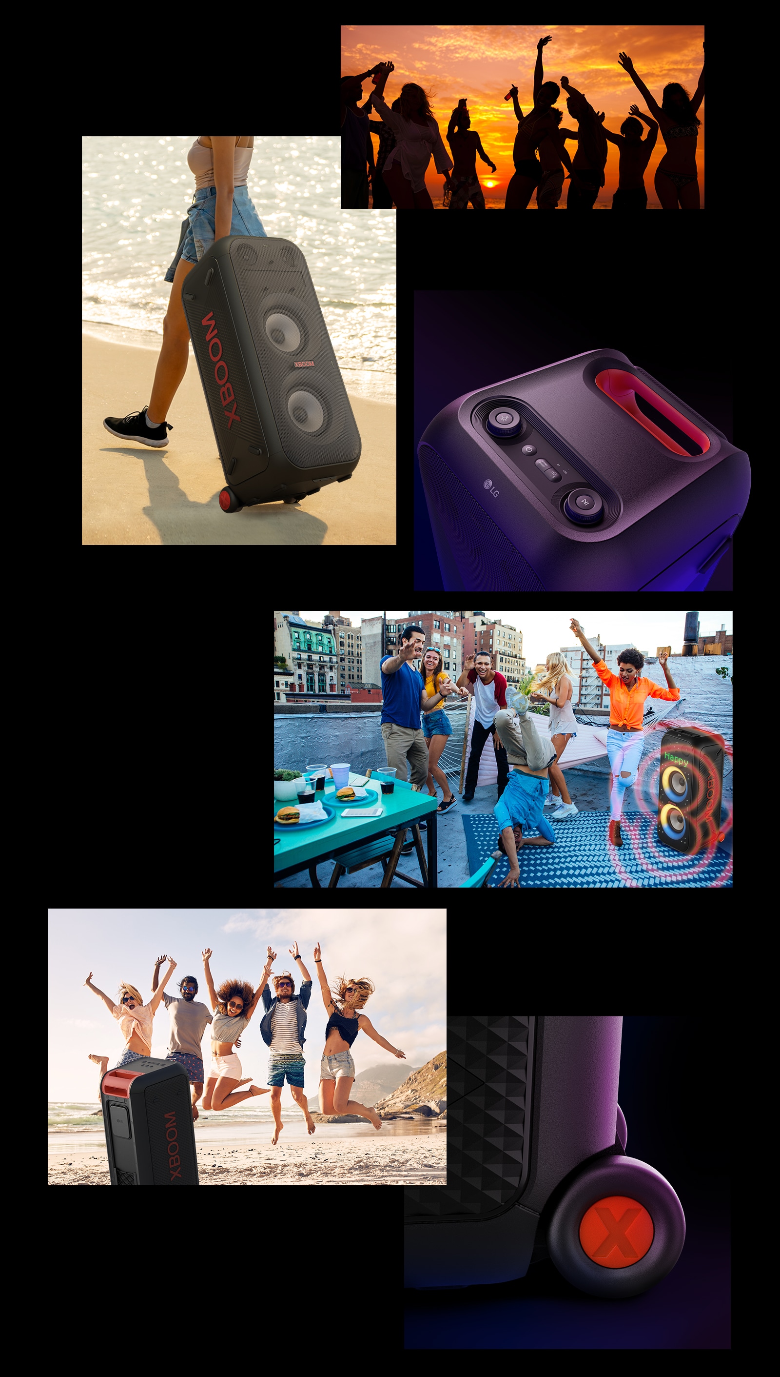 Illustrated images of LG XBOOM XL9T. From the top, shillouet of people, with the telescopic handle and wheels woman carrys the speaker easily. Top view of the speaker and telescopic handle. People are enjoying rooftop party, two LG XBOOM XL9T with sound graphics are placed behind. Back view of the speaker and people are juming on the beach, close-up of the wheel.