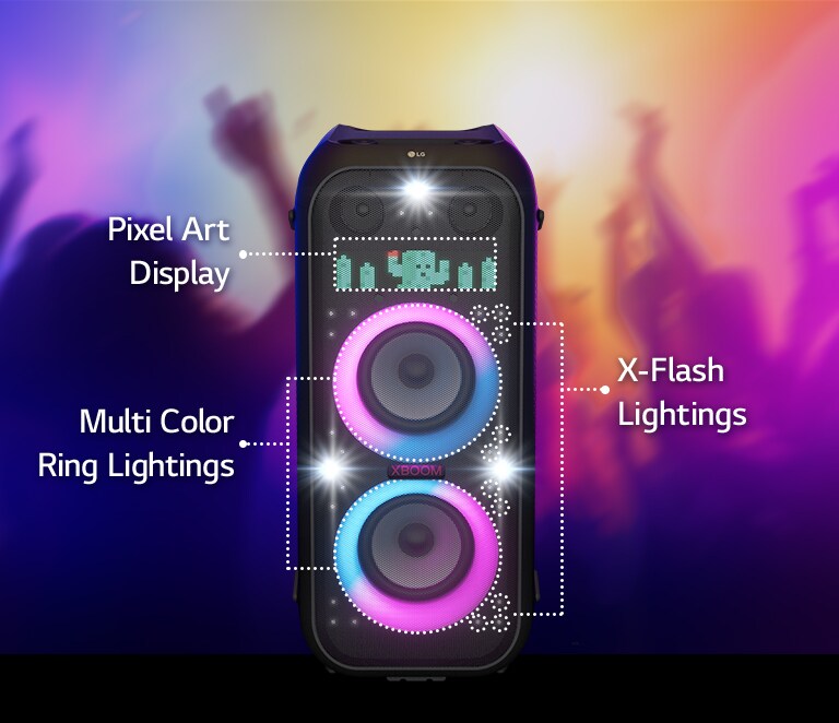 Front view of the speaker. There is a line to inform each part of the lighting. On top is pixel art display, showing cactu character. In the middle, pink and cyon gradient multi color ring lighting is on. And the X-Flash Lightings are spread all over the speaker.