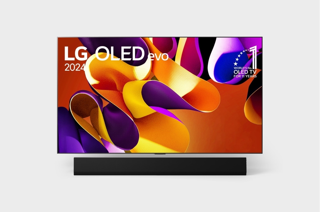 LG 77 Inch LG OLED evo G4 4K Smart TV 2024, Front view with LG OLED evo TV, OLED G4, 11 Years of world number 1 OLED Emblem, webOS Re:New Program logo, and 5-Year Panel Warranty logo on screen, as well as the Soundbar below, OLED77G4PSA