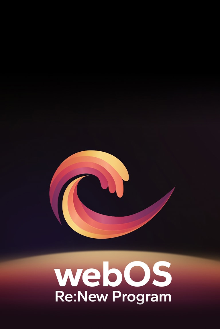 Logo webOS Re:New Program znajduje się na czarnym tle z żółto-pomarańczową, fioletową i okrągłą kulą u dołu.