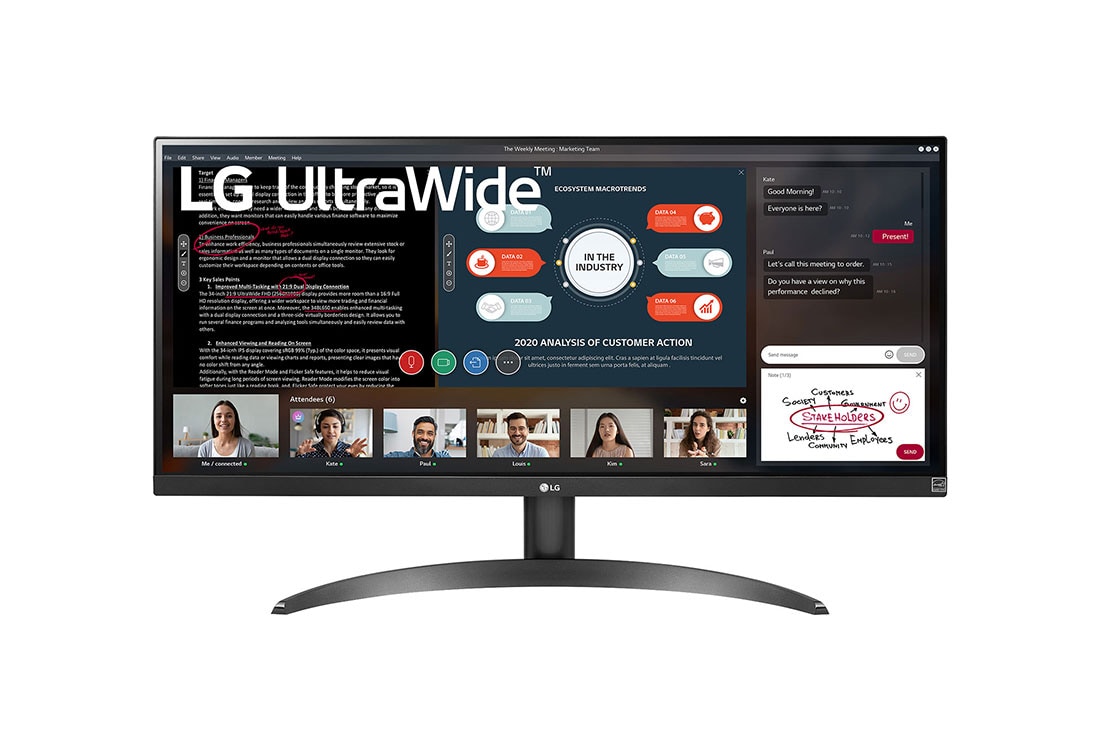 LG Monitor LG 29” 21:9 UltraWide, WFHD, IPS , HDR10 z FreeSync 29WP500-B, Widok z przodu, 29WP500-B