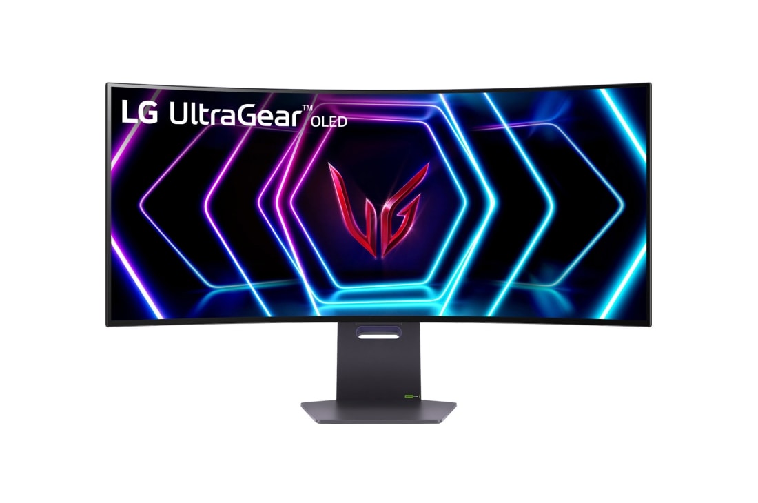LG Zakrzywiony monitor gamingowy 39'' UltraGear™ 21:9 Ultra-WQHD z częstotliwością odświeżania 240 Hz i czasem reakcji 0,03 ms (GtG), DisplayHDR True Black 400, front view, 39GS95QE-B