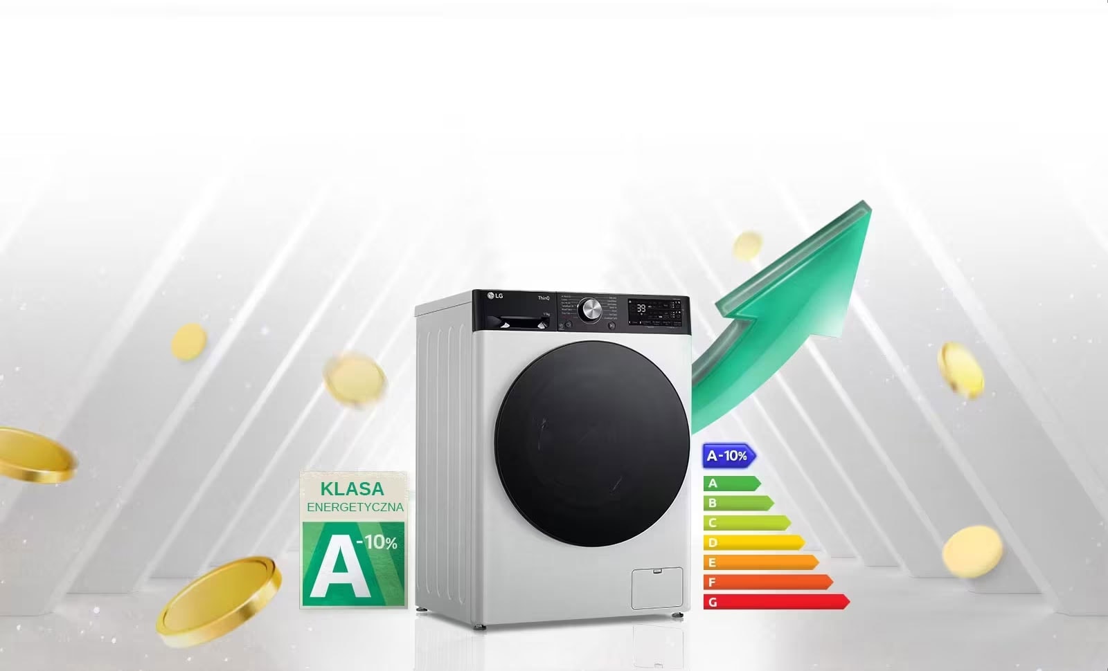 Etykieta energetyczna A-10% jest umieszczona obok pralki. Za pralką pojawia się zielona strzałka skierowana w górę.