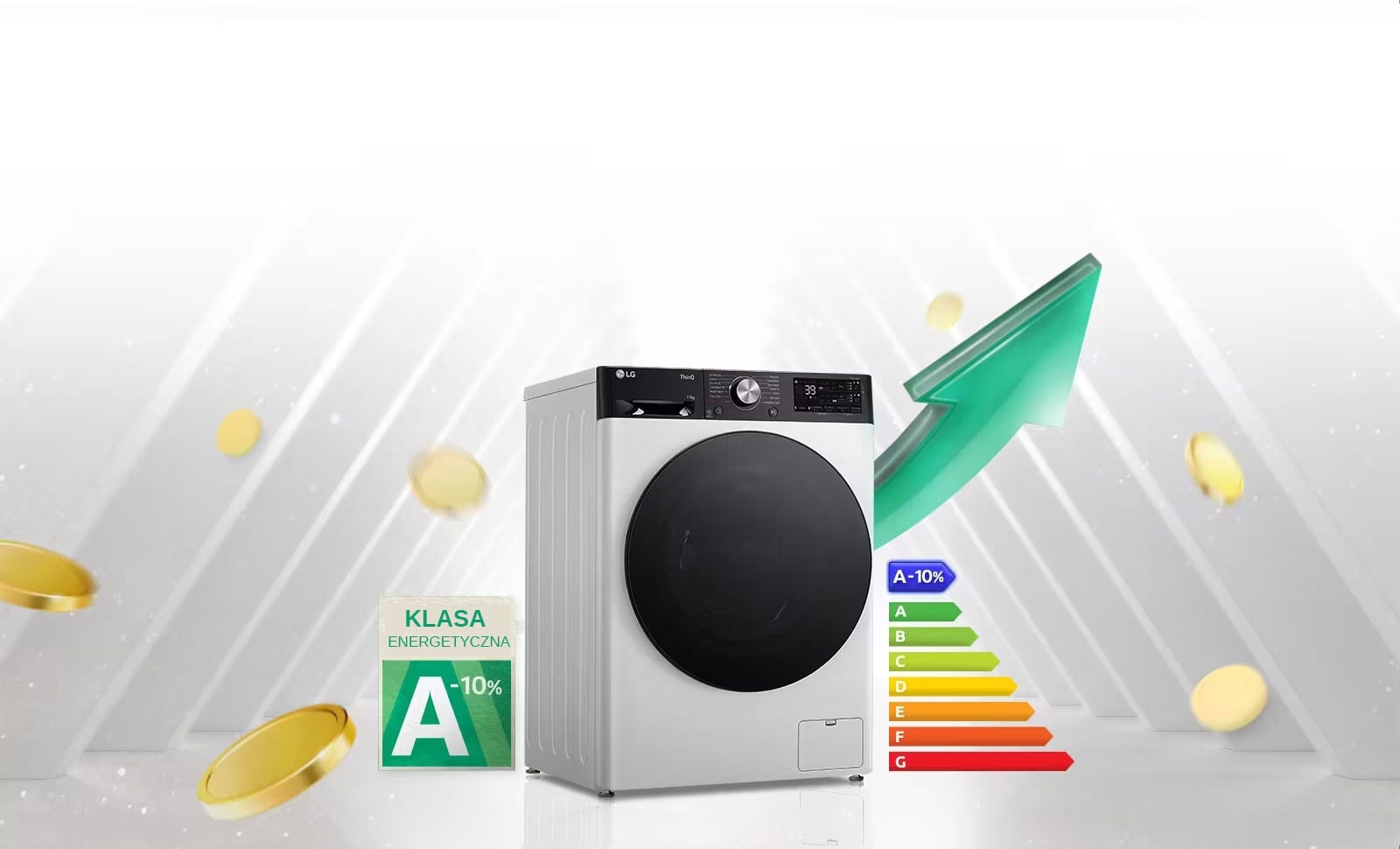 Etykieta energetyczna A-10% jest umieszczona obok pralki.Za pralką pojawia się zielona strzałka skierowana w górę.