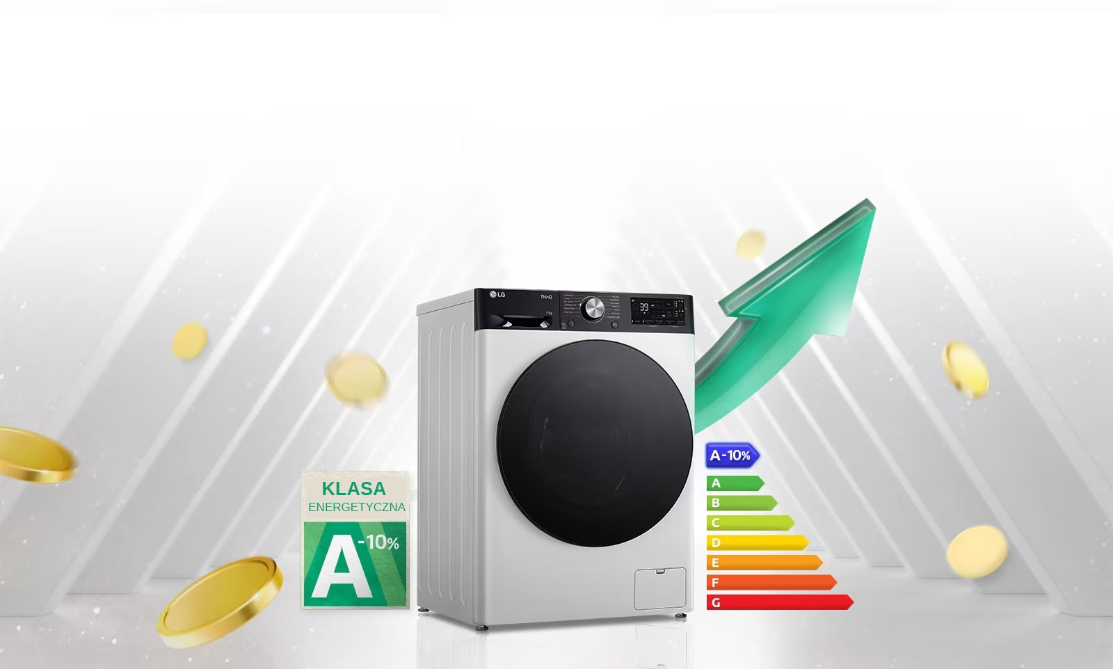 „Etykieta energetyczna A-10% jest umieszczona obok pralki.