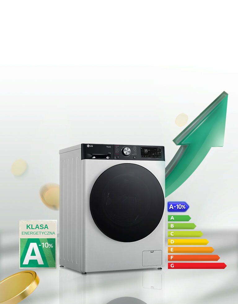 „Etykieta energetyczna A-10% jest umieszczona obok pralki.