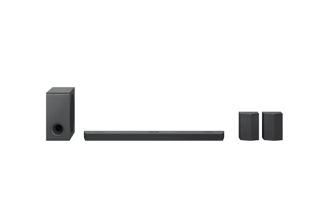 LG Soundbar LG S95QR, Widok z przodu z subwooferem i tylnymi głośnikami, S95QR