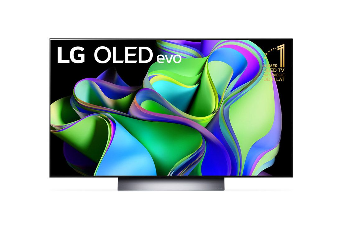 LG Telewizor LG 48” OLED evo 4K Smart TV ze sztuczną inteligencją, 120Hz, OLED48C3, Widok z przodu telewizora LG OLED evo, napis Od 11 lat telewizor OLED nr 1 na świecie oraz soundbar pod spodem. , OLED48C31LA