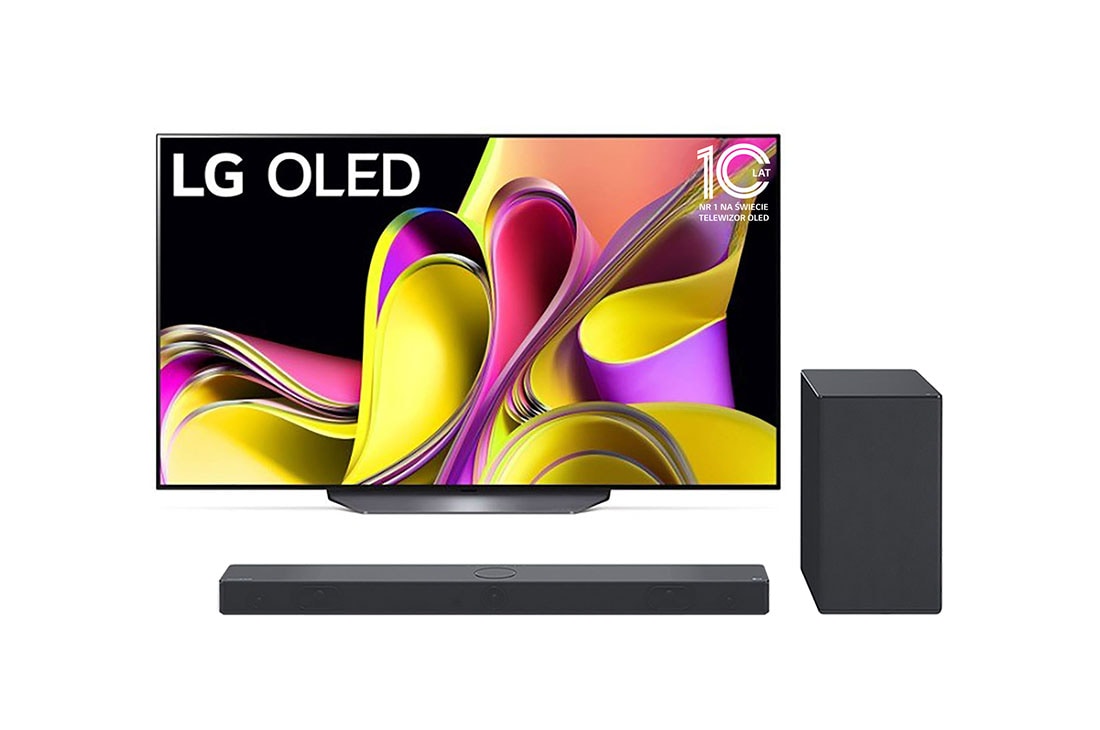 LG Przedsprzedaż promocyjna: telewizor 55” OLED 4K OLED55B3 z soundbarem SC9S, LG OLEDi eestvaade embleemiga 10 aastat maailma nr. 1 OLED.+ Widok z przodu soundbaru i woofera, 55B33L-SC95.BUNDLE