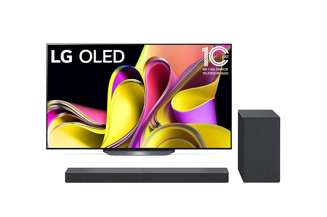 LG Przedsprzedaż promocyjna: telewizor 65” OLED 4K OLED65B3 z soundbarem SC9S, LG OLEDi eestvaade embleemiga 10 aastat maailma nr. 1 OLED +  Widok z przodu soundbaru i woofera, 65B33L-SC95.BUNDLE